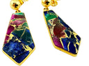 Mohave multi copper turquoise drop earrings in a black velvet jewelry box, highlighting the rich jewel-toned composite stone in gold bezel setting.
