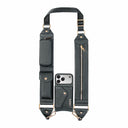 Black leather phone strap with multiple pockets on a white background