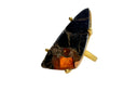 orange and black Mojave copper turquoise ring showing the dramatic triangular freeform stone in a gold plated brass prong setting with adjustable band