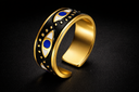 black and gold adjustable cuff ring with evil eye protection symbols