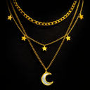 gold multi laered necklace with white crescent moon and stars