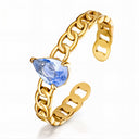 18K gold-plated adjustable stainless steel chain ring with blue pear-cut cubic zirconia