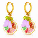 PVD gold-plated hoop earrings with colourful flower and citrus charms